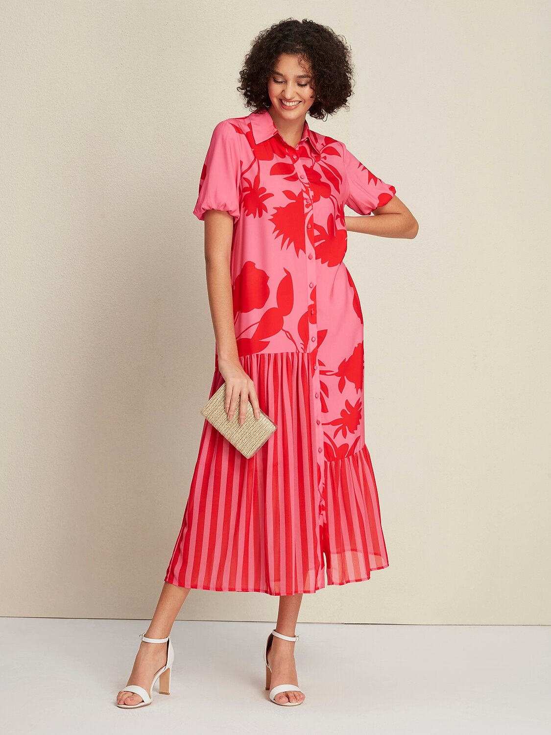 Chiffon&Satin Rose Red Floral Stripe Asymetric Hem Short Sleeve Maxi Dress