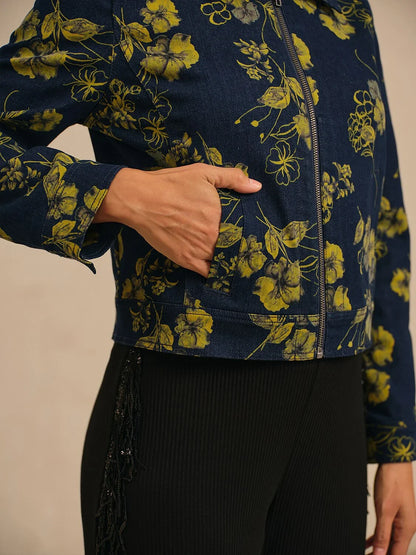 Denim Yellow Floral Pattern Turn Down Collar Jacket