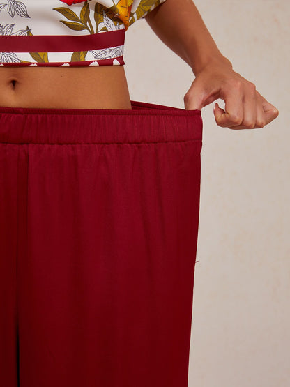 Silky Satin Red Elastic Waist Wide Leg Pants