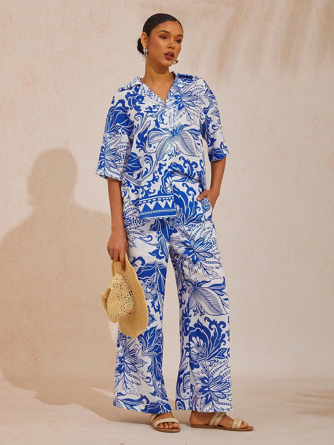 St Barth Blooms Airy Linen Look Blue Blouse