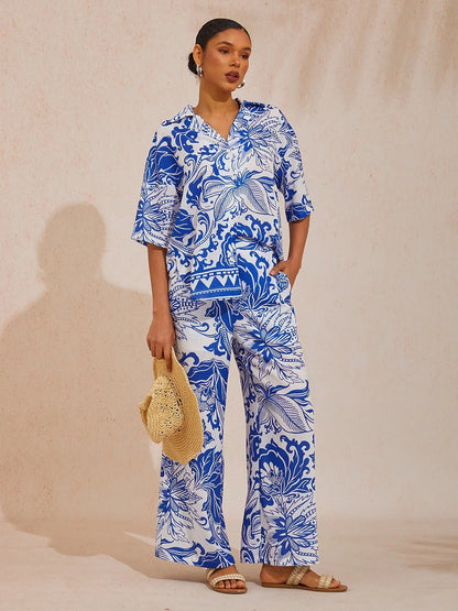St Barth Blooms Airy Linen Look Blue Blouse