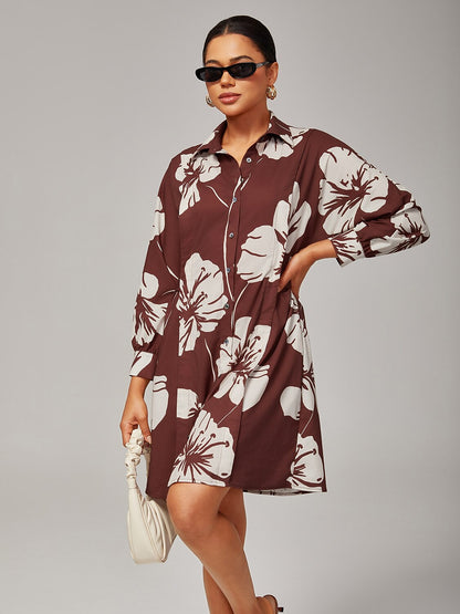 Floral Print Raglan Sleeve Shirt Dress