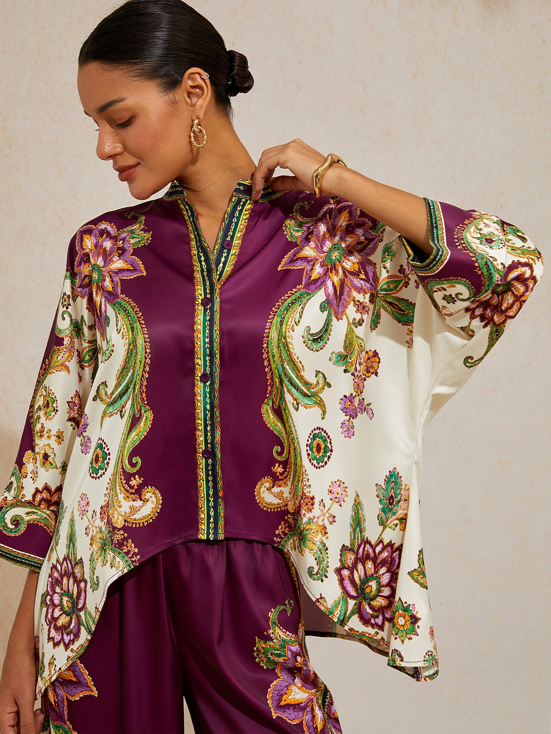 Burgundy Paisley Silky Satin Batwing Top