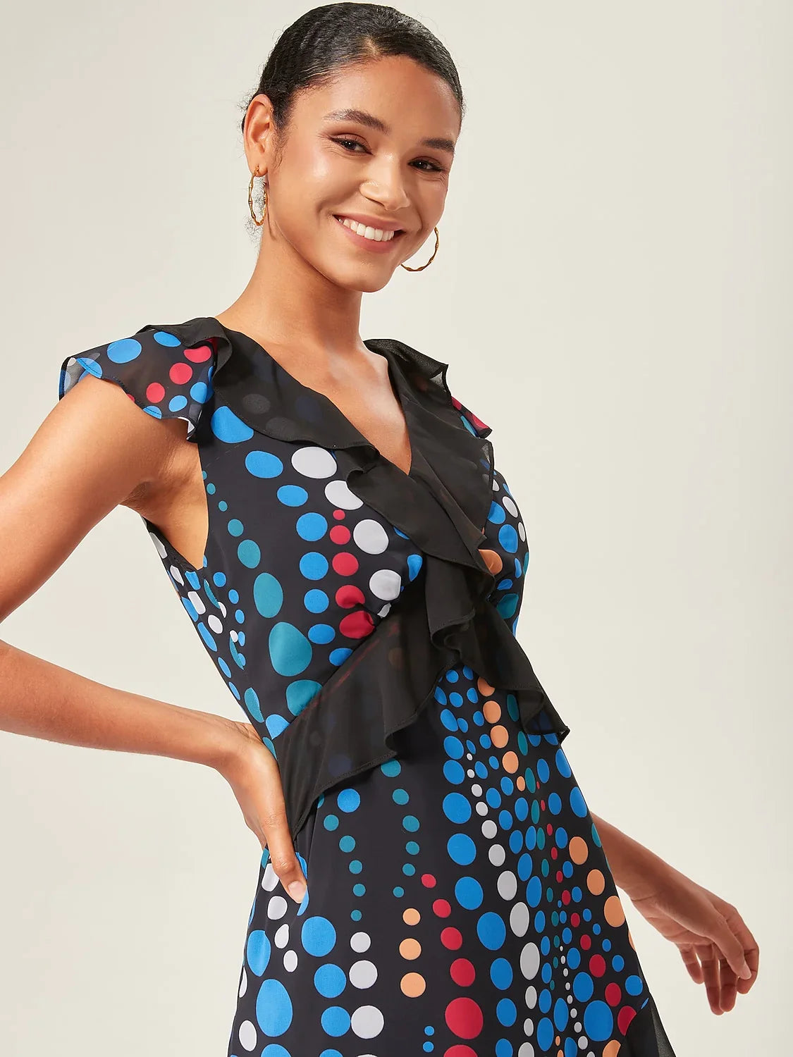 Colorblock Polka Dot Print Chiffon Ruffle Maxi Dress