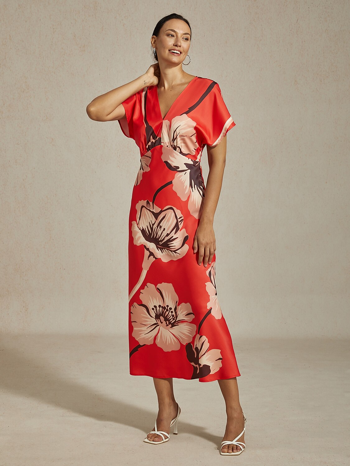 Red Floral Print Silky Satin Maxi Dress