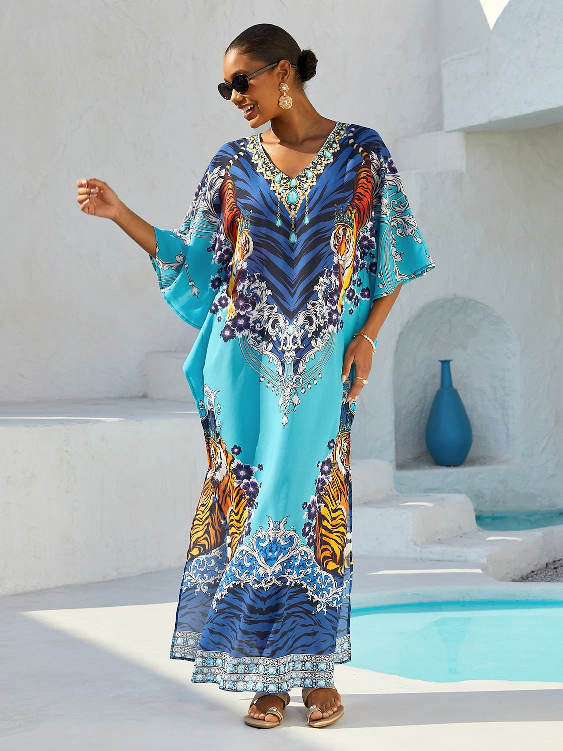 Indigo Tigress Flowy Chiffon Maxi Dress