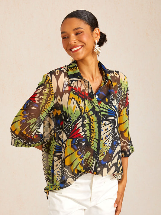 Jungle Butterfly Flowy Chiffon Shirt