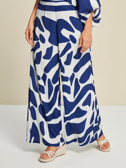 Pantalones Anchos de Pierna Ancha con Estampado Abstracto para Uso Diario de Satén