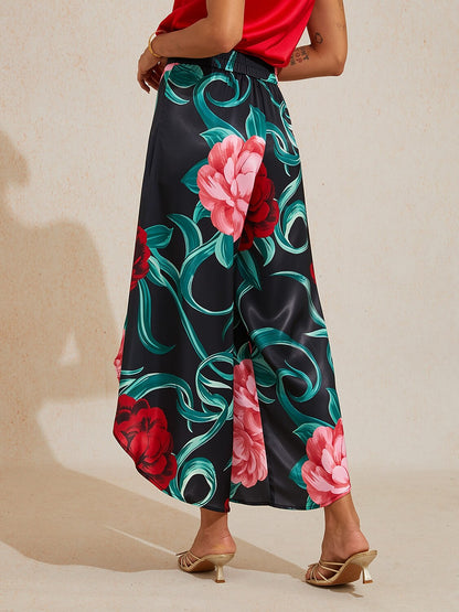 Emerald Rose Garden Silky Satin Slit Wide Leg Pants