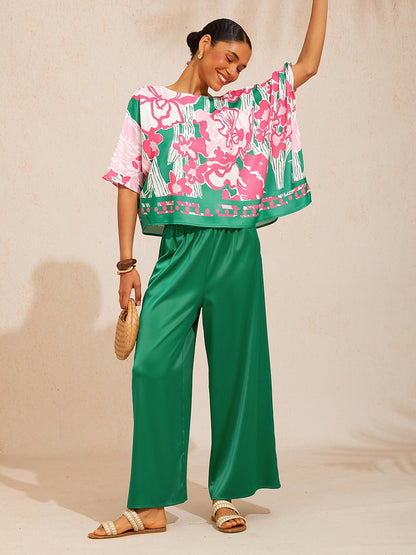 Silky Satin White Elastic Waist Wide Leg Pants