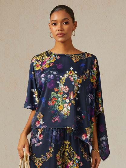 Midnight Jewel Bloom Silky Satin Dolman Sleeve Top
