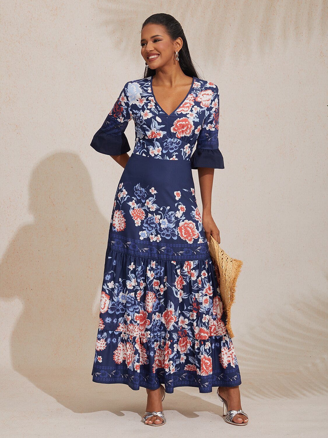 Satin V-Neck Tiered Hem Floral Print Vacation Maxi Dress