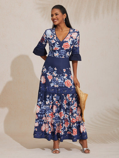 Satin V-Neck Tiered Hem Floral Print Vacation Maxi Dress