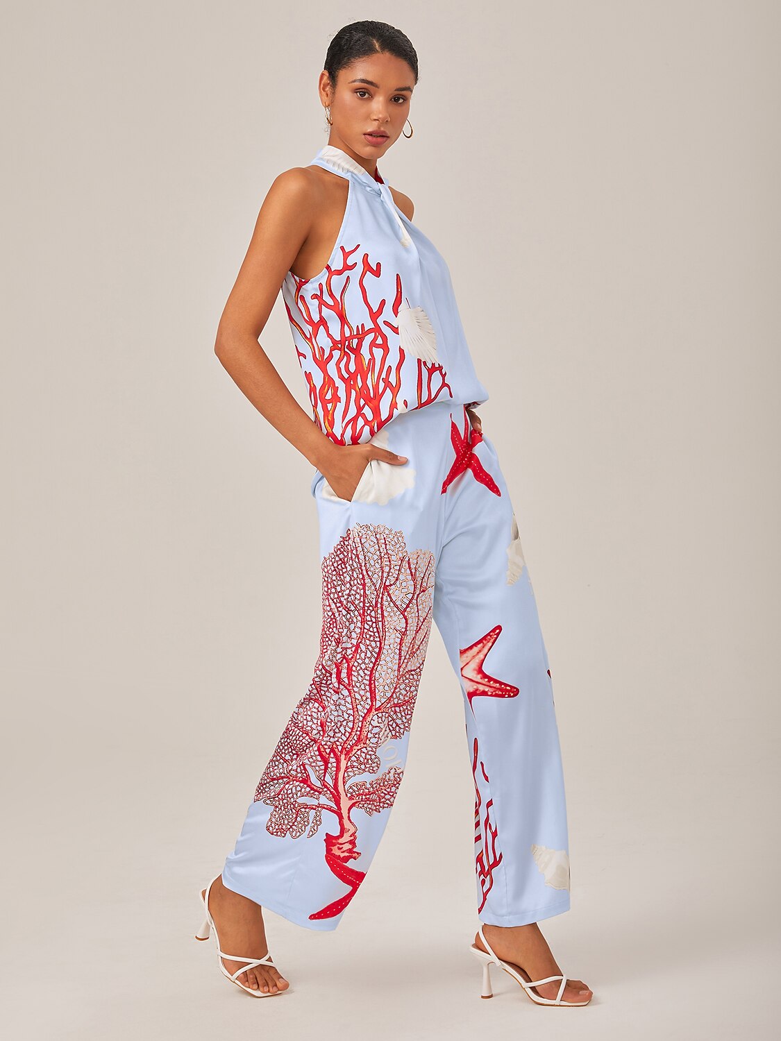 Satin Ocean-Inspired Pattern Print Vacation-Style Set