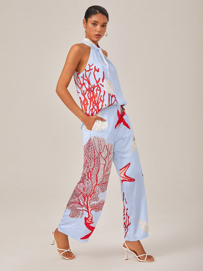 Satin Ocean-Inspired Pattern Print Vacation-Style Set