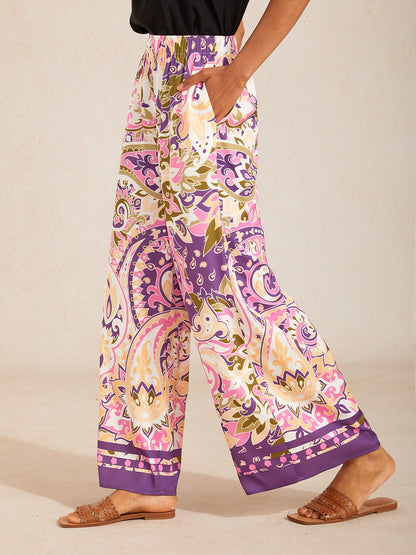 Azure Leaves Silky Satin Wide Leg Pants