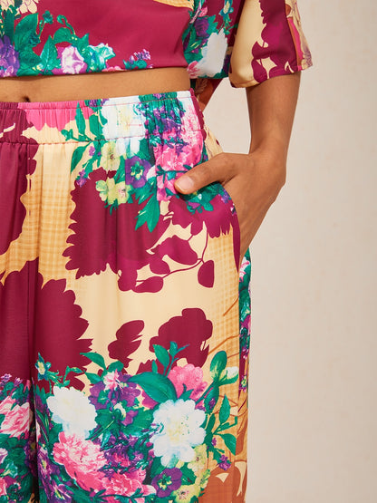 Fiery Pink Rose Silky Satin Wide Leg Pants