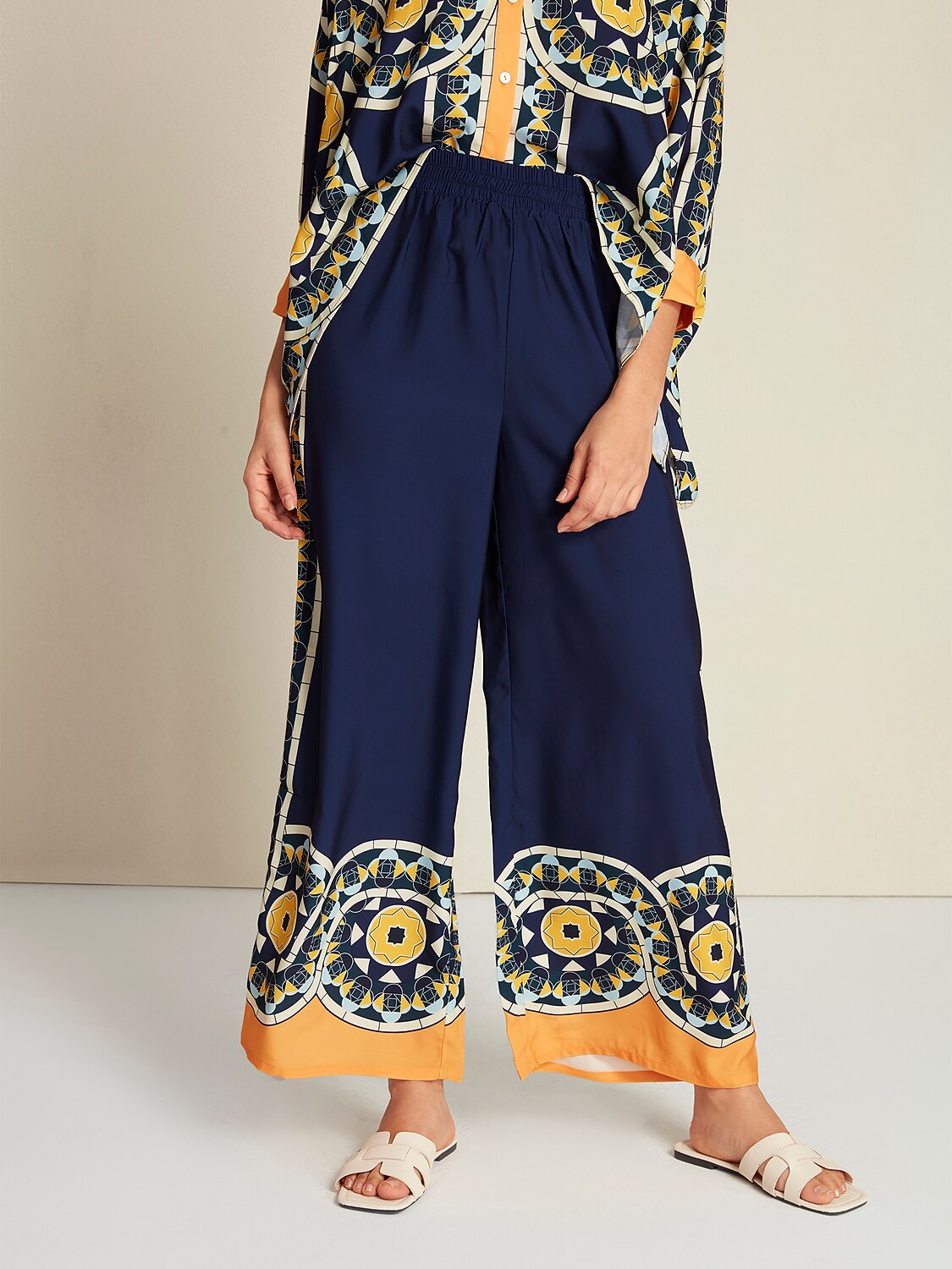 Satin Geometric Print Wide Leg Maxi Pants