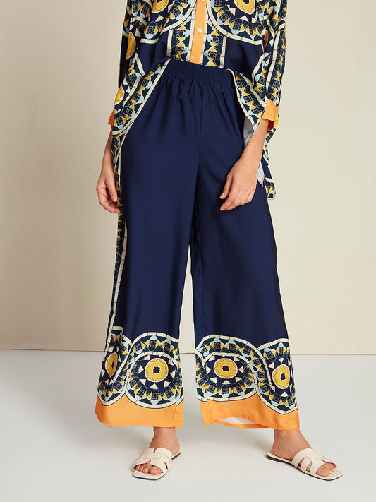 Satin Geometric Print Wide Leg Maxi Pants
