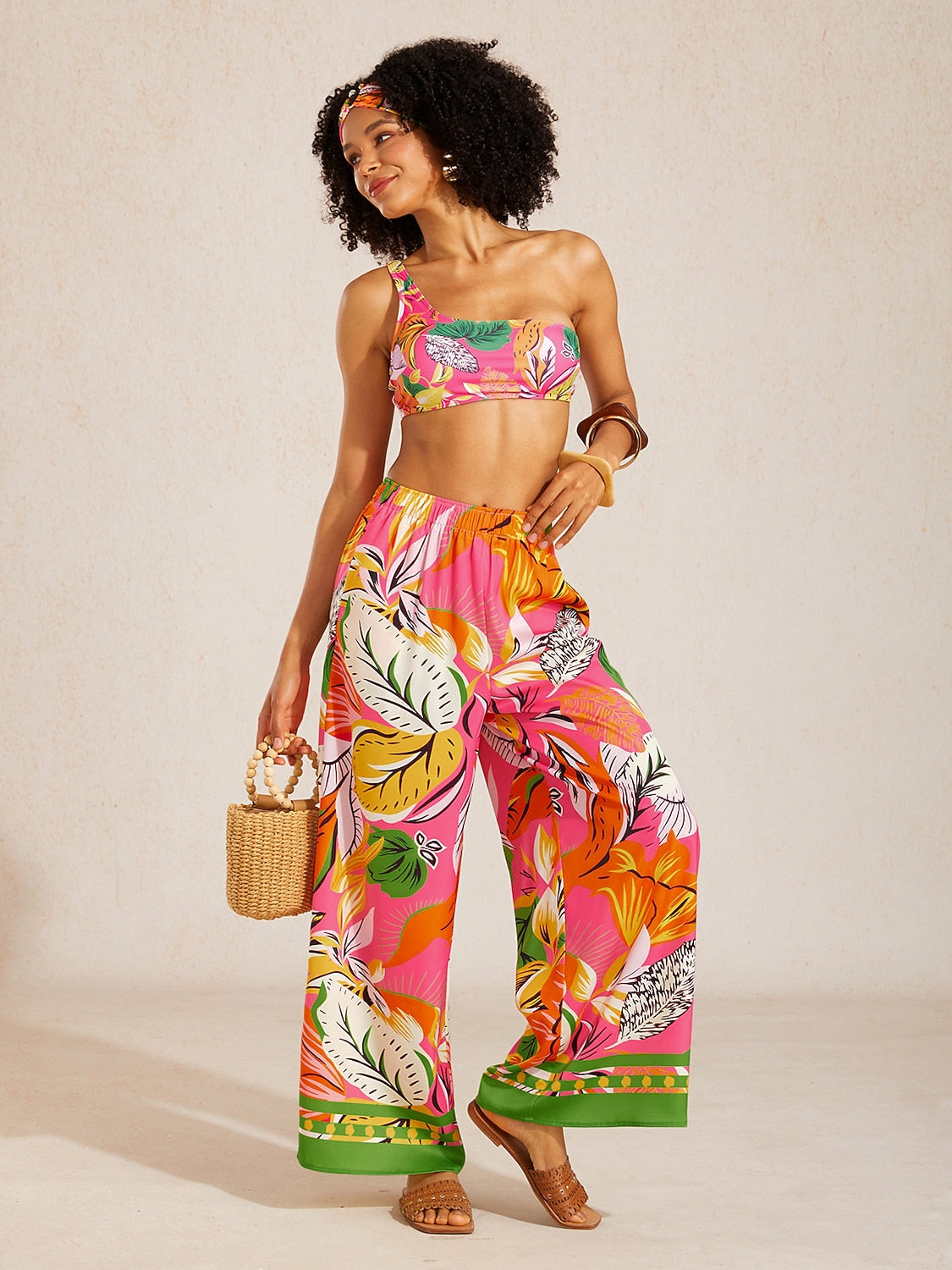 Wild Hibiscus Dream Silky Satin Wide Leg Pants