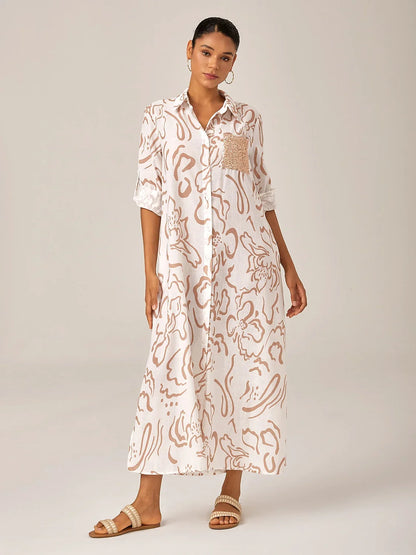 St Barth Blooms Airy Linen Look Blue Maxi Dress