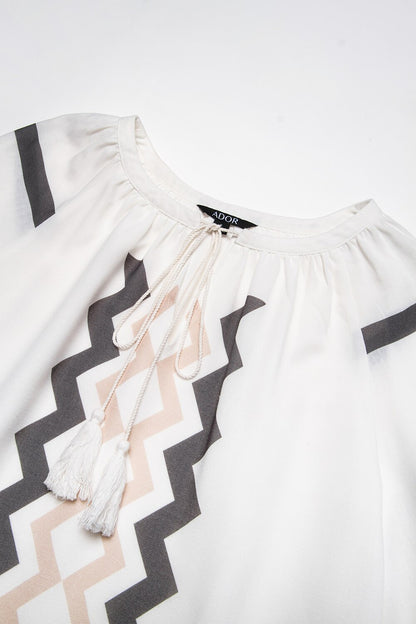 Linen-Like Geometric Puff Sleeve V Neck Top