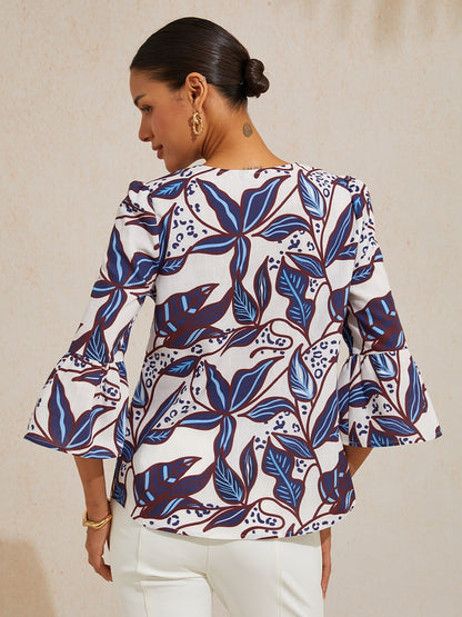 Cobalt Flora Reverie Linen Look V Neck Blouse