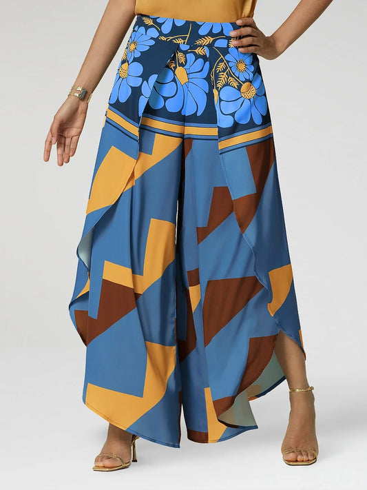 Satin Geometric Print Swing Full Length Micro-Elastic Pants