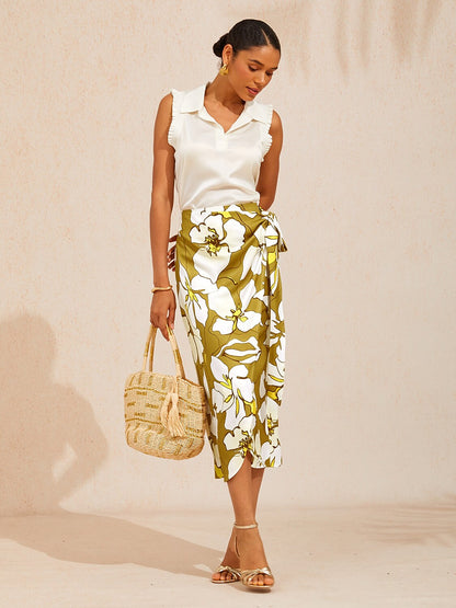 Golden Petal Glow Silky Satin Wrap Skirt