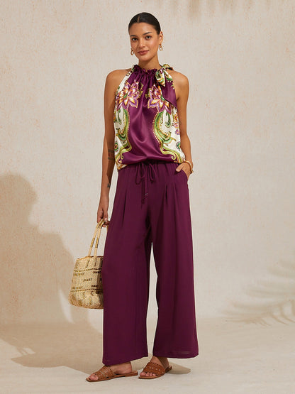 Burgundy Elastic Drawstring Linen Look Wide Leg Pants