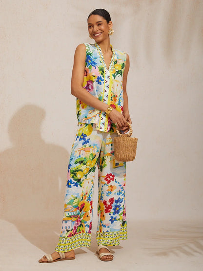 Holiday Citrus Garden Airy Linen Look Wide Leg Pants
