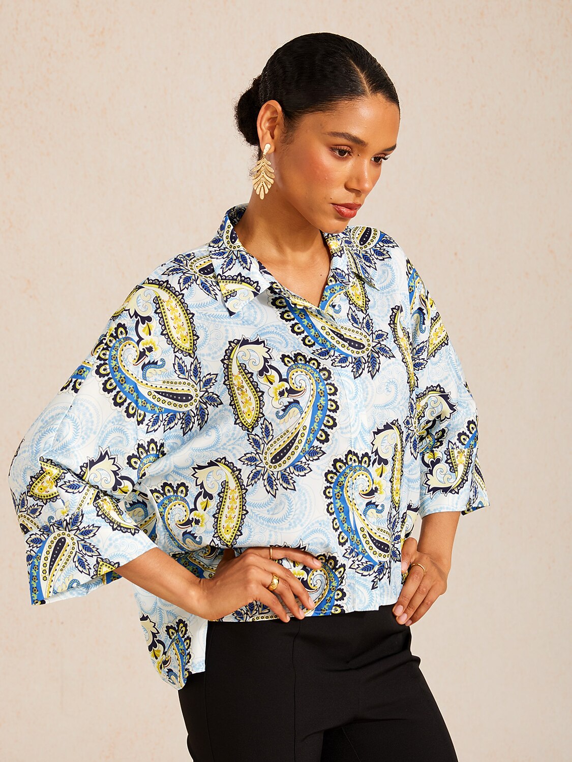 Skyline Paisley Flora Silky Satin Dolman Sleeve Top
