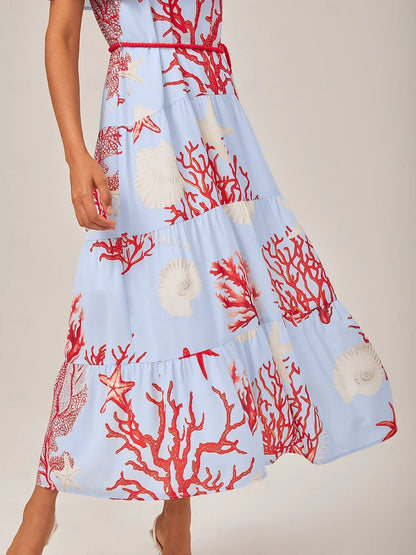 Elegant Chiffon Ocean-Inspired Print Vacation Dress