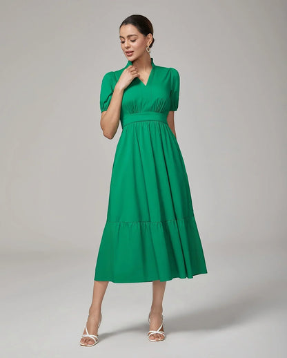 Deep Moss Green Cotton Puff Sleeve Dress
