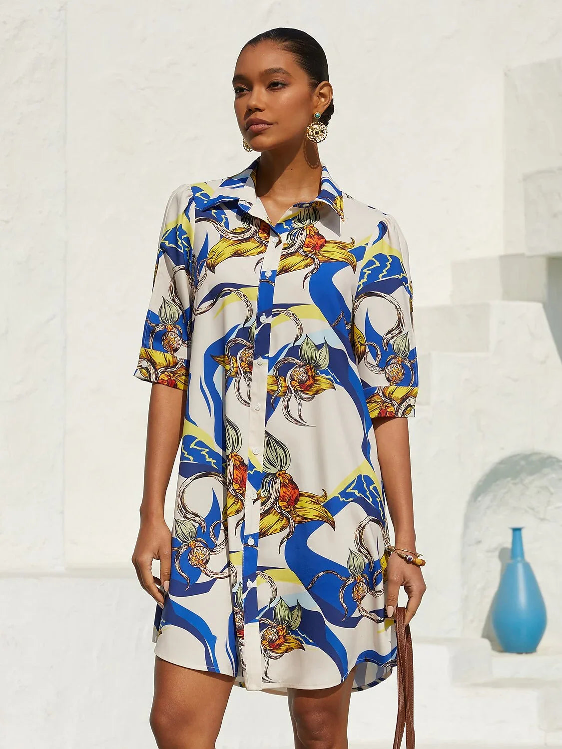 Ocean Blue Orchid Silky Satin Floral Shirt Dress