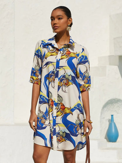 Ocean Blue Orchid Silky Satin Floral Shirt Dress