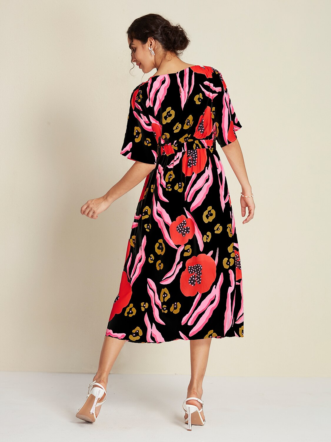 Floral Elastic Waist Half Sleeve Midi Dress
