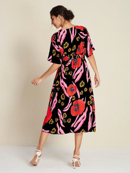 Floral Elastic Waist Half Sleeve Midi Dress