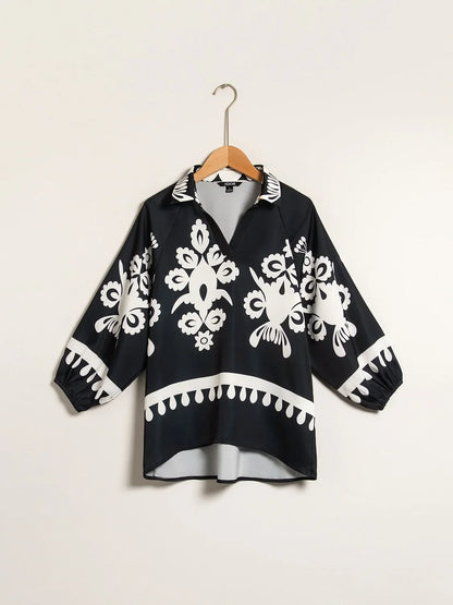 Satin Ethnic Print Raglan Modern Lapel Black Print Top
