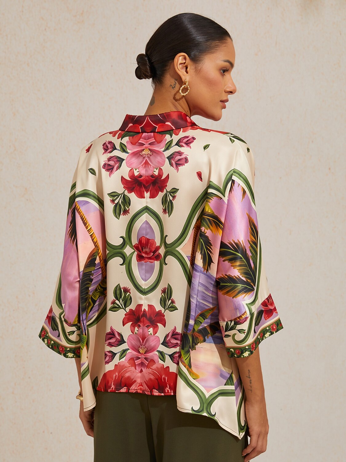 Hawaii Palm Satin Dolman Sleeve Top