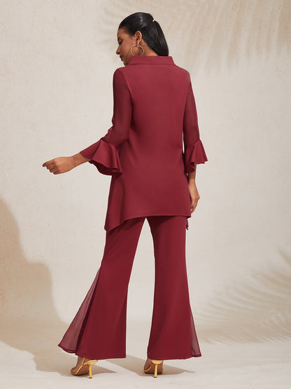 Elegant Chiffon Sheer Panels Flared Pants