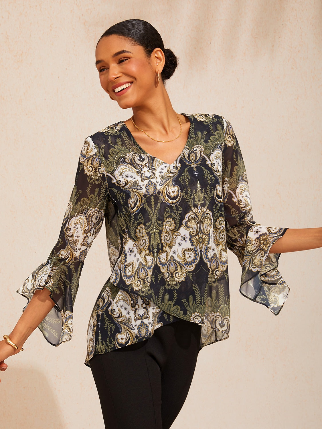 Green Mandala Floral Flowy Chiffon Blouse