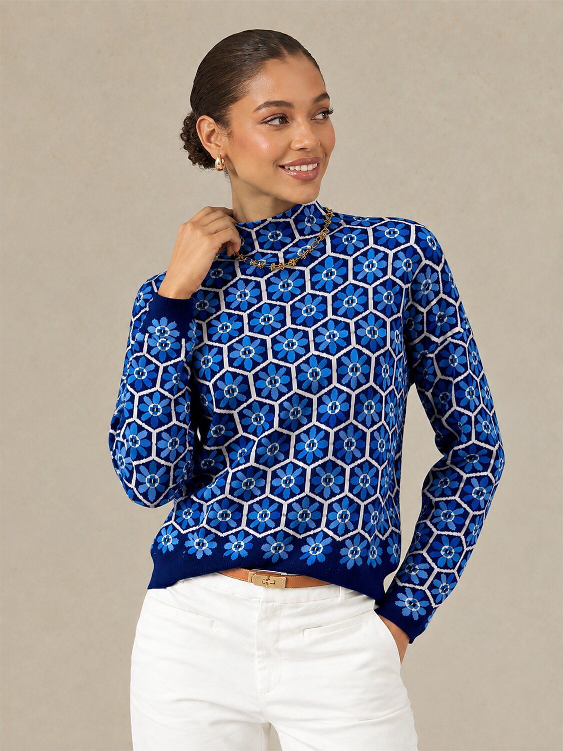 Blue Floral Core Spun Yarn Mock Neck Pullover