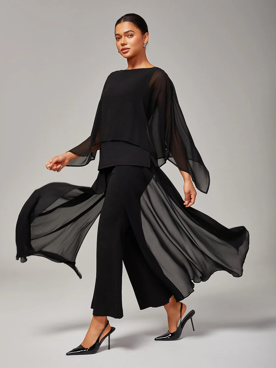 Black Full Length Chiffon High Elasticity Palazzo Pants