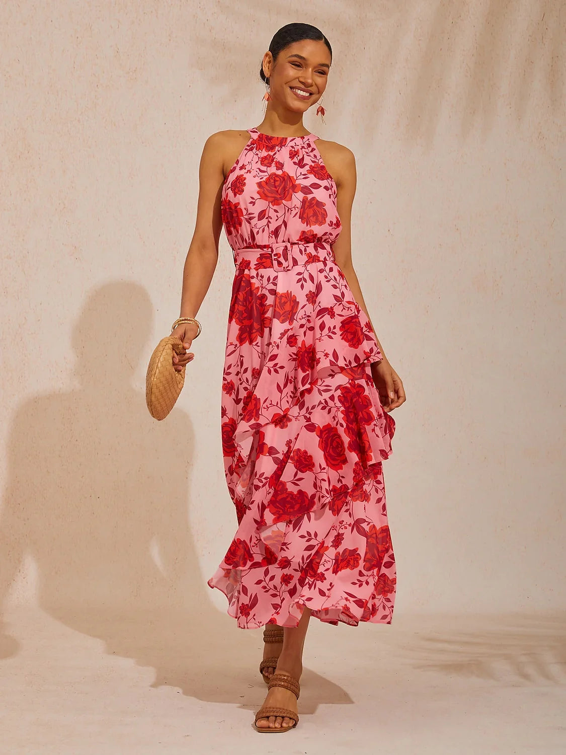 Spring Blooms Flowy Chiffon Waist-cinching Maxi Dress