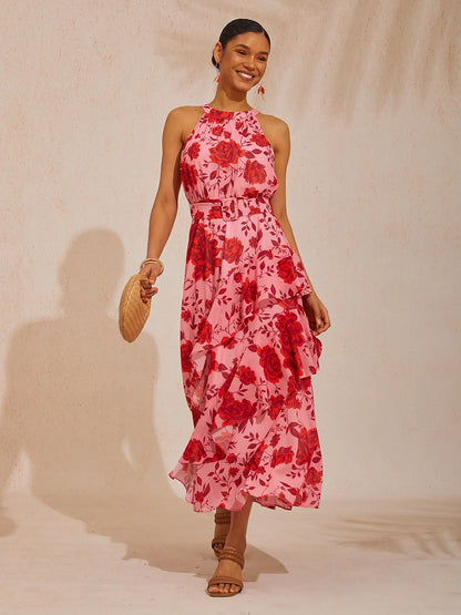 Spring Blooms Flowy Chiffon Waist-cinching Maxi Dress