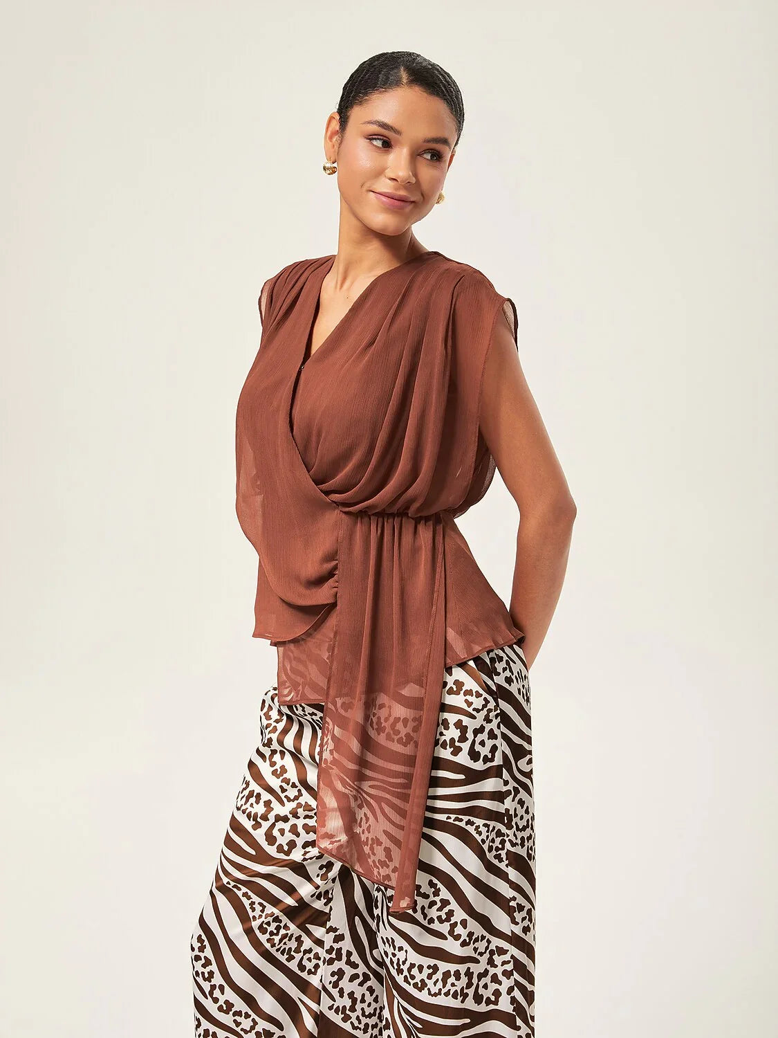 V-Neck Asymmetric Sleeveless Chiffon Top