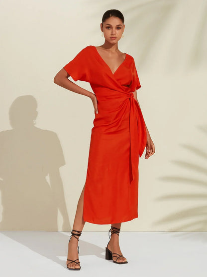 Tencel Linen Shirred Wrap Midi Dress