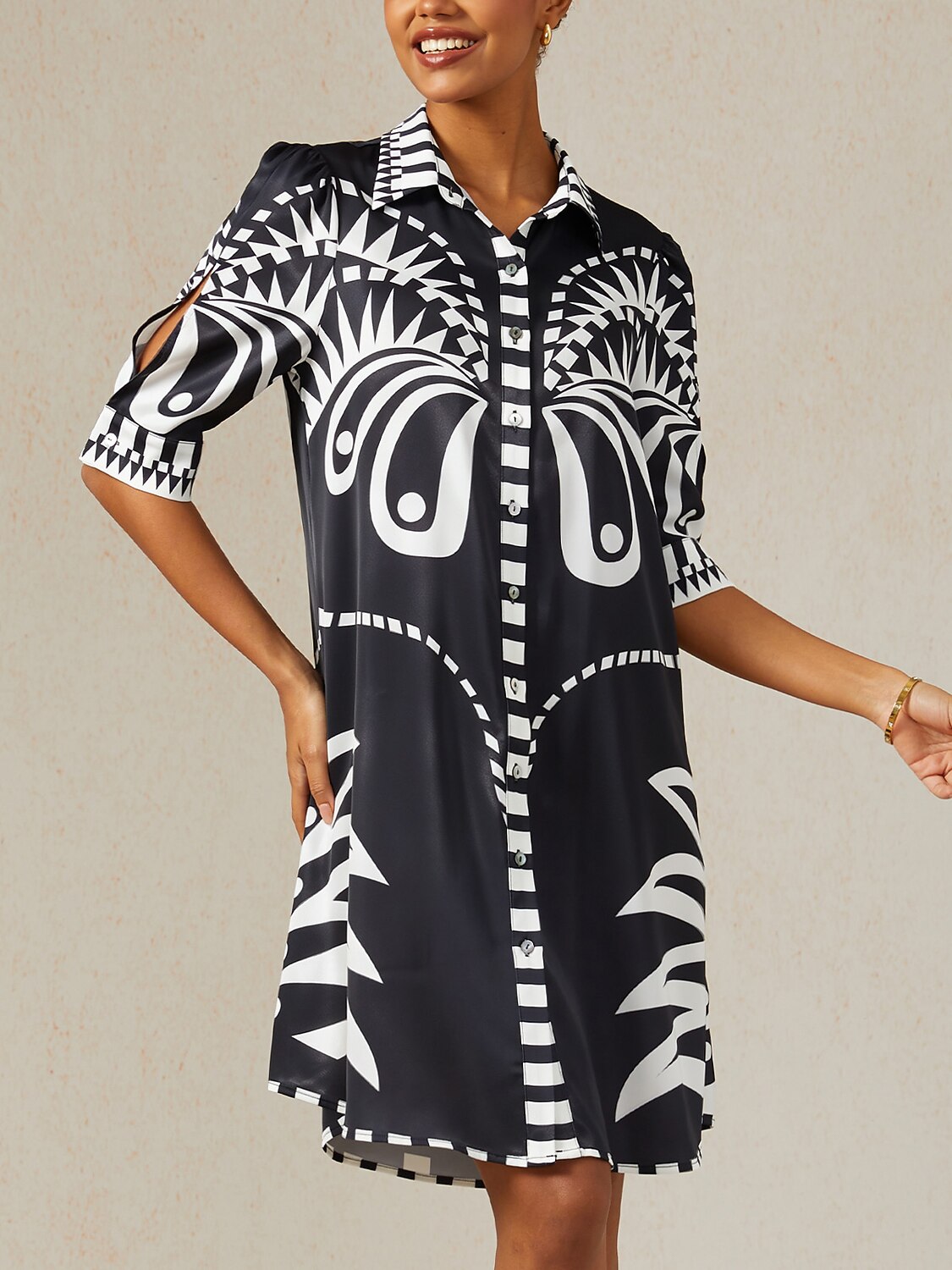 Noir Geometry Silky Satin Shirt Dress