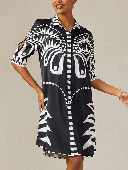 Noir Geometry Silky Satin Shirt Dress